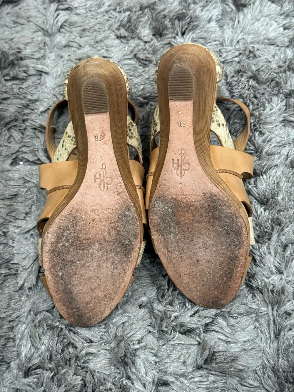 Cole Haan Air Kimry Nudge Tan Beige Leather Snake Print Wedge Sandals Shoes